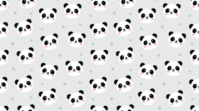 Seamless pattern with cute cartoon panda faces and tiny stars vector illustration on light gray background