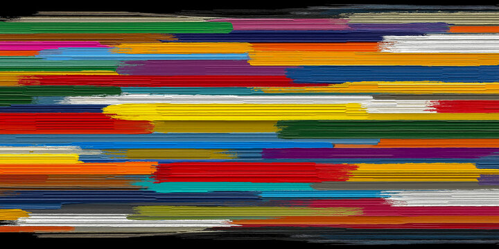 Abstract colorful brush strokes in horizontal lines creating a vibrant pattern on a black background, showcasing a blend of various hues and textures