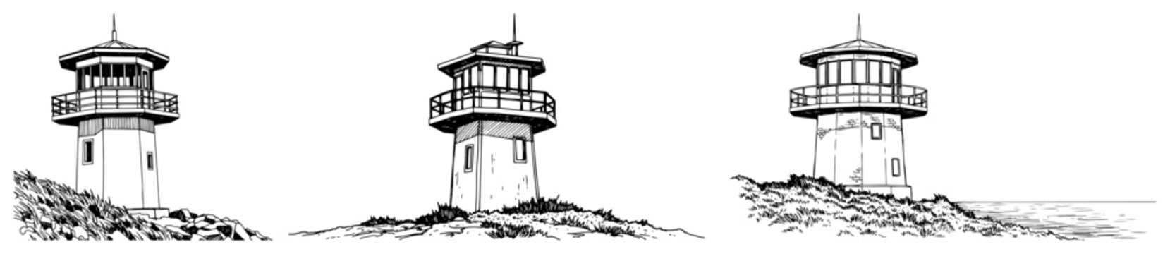 Coastal watchtower buildings and small lighthouses in vintage hand drawn engraving style