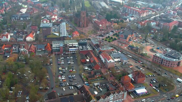 Aerial view beside the old town above the city Papenburg in Germany, on a sunny noon in autumn.