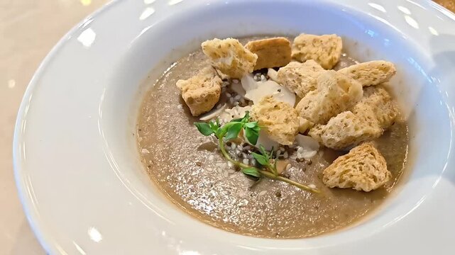 Pouring crouton breadcrumbs into Truffle Mushroom Puree Soup, Creamy Healthy Delicacy Vegetarian Nutrition, Cafe Restaurant Meal, Slow Motion