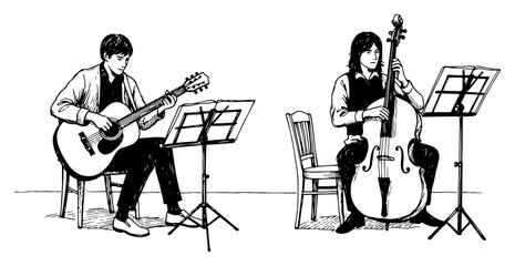 Male musicians performing with acoustic guitar and double bass next to music stands in hand drawn sketch style © AnjaliDesai