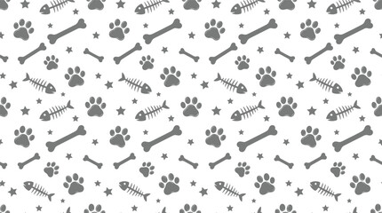 Seamless pet pattern with dog paws animal bones and fish skeletons vector illustration on white background © Azizul