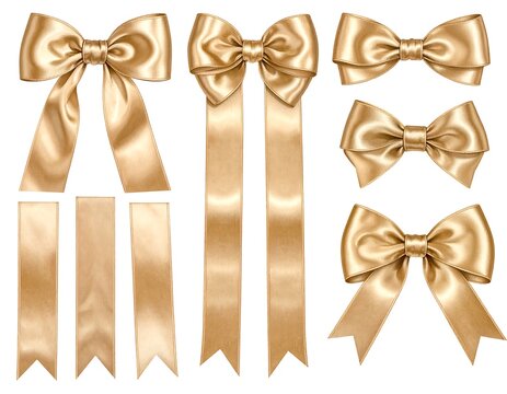A set of golden ribbons and bows on a white background