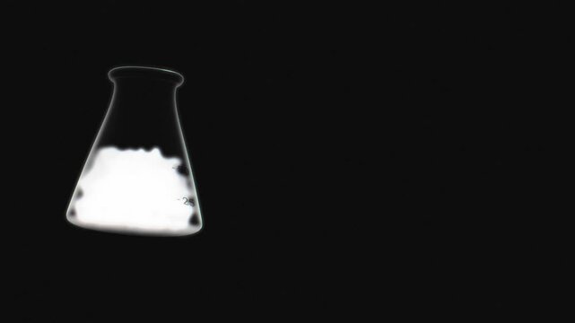 Scientific beaker showing measuring scale numbers twenty five and fifty with a glowing white substance inside a dark 3D animation background