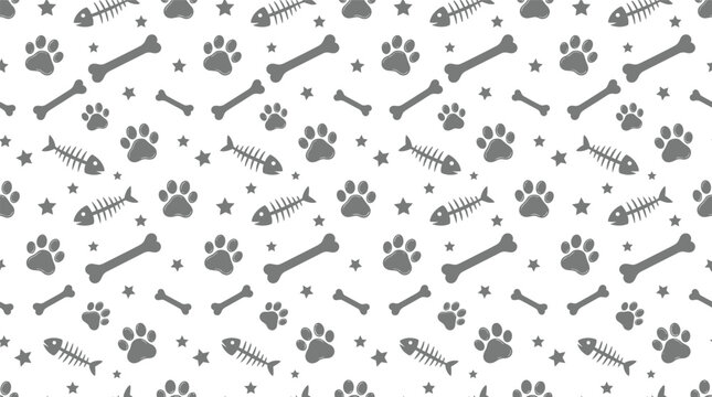 Seamless pet pattern with dog paws animal bones and fish skeletons vector illustration on white background