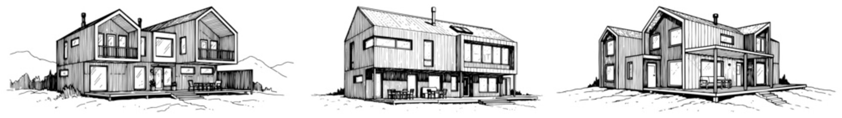 Modern wooden house designs with contemporary barn architecture in architectural sketch style © AnjaliDesai