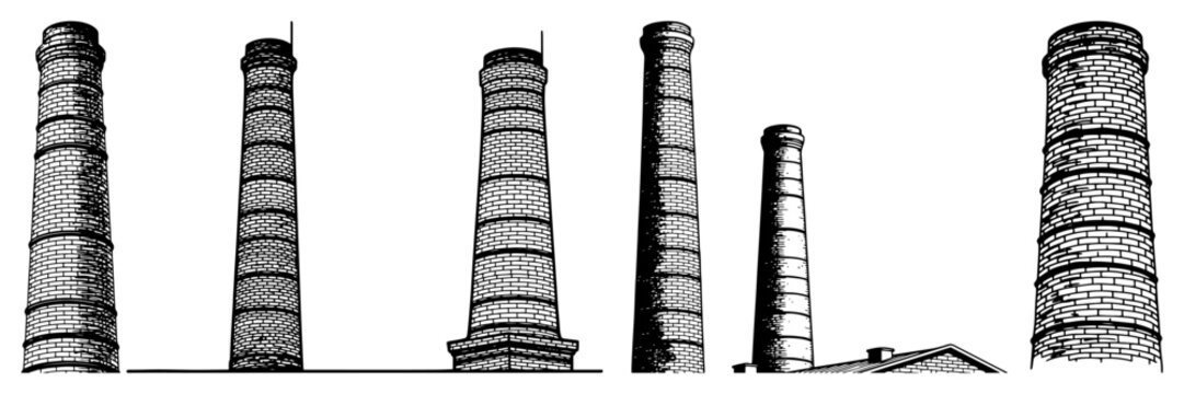 Industrial brick chimneys collection from old factories in vintage woodcut engraving style