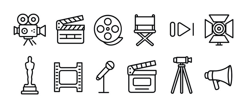 Cinema Iconography Collection: A collection of line art icons representing various elements of filmmaking. camera equipment, movie production, entertainment industry, film set tools, broadcast media.