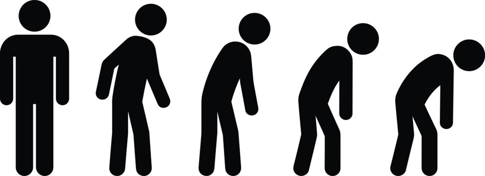 Stick figure silhouettes showing stages of person bending down or suffering from back pain vector illustration