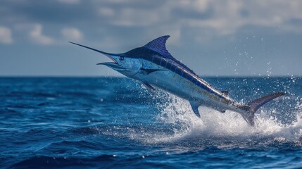 Obraz premium Blue marlin leaping over a deep blue ocean at dawn