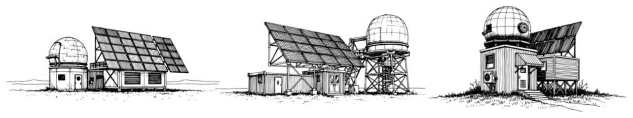 Research station collection featuring scientific outposts with solar panels in hand drawn engraving style © AnjaliDesai
