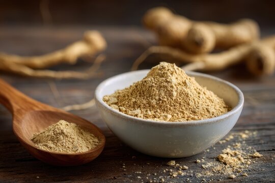 Healthy kitchen scene featuring maca powder, spoon, and rustic backdrop in natural light
