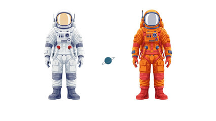 Two cartoon astronauts in space suits standing next to each other with a blue planet in background Vector © MSTSHORIFA