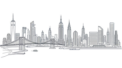 Fototapeta premium New York City Skyline Sketch - Iconic Buildings and Brooklyn Bridge