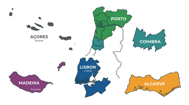 Map of Portugal Regions: Lisbon, Porto, Algarve, Madeira, Azores, Coimbra