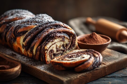 Cozy kitchen scene featuring sliced chocolate babka with rich filling
