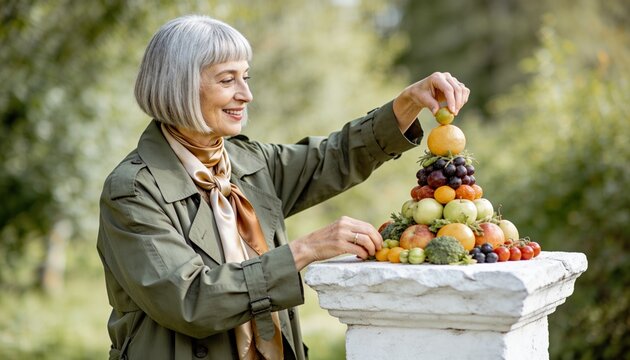 Senior woman building a fruit and vegetable pyramid on a stone pedestal. Healthy lifestyle and nutrition concept for aging well. Mature female with grey hair stacking fresh produce outdoors