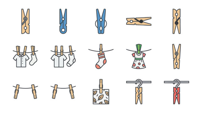 Clothesline Icons: Clothespins Holding Laundry and Fabric Swatches