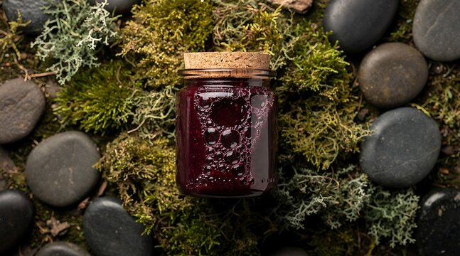 Jar of homemade berry jam surrounded by moss and stones.