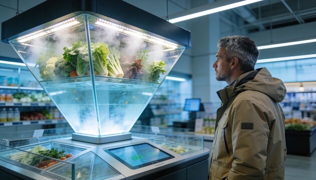Man observing a futuristic hydroponic vegetable display in a modern supermarket. High-tech grocery store with fresh produce in an inverted pyramid case. Sustainable food technology concept