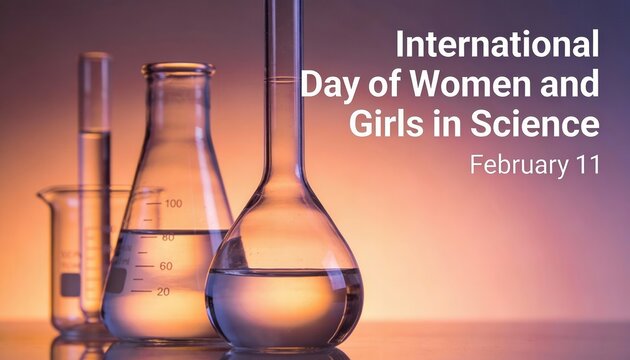 International Day of Women and Girls in Science banner. Laboratory glassware with flasks and beakers on orange and purple background. February 11 celebration concept