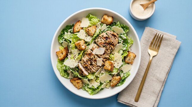 Caesar salad in bowl, Romaine lettuce, grilled chicken strips, parmesan flakes, golden croutons, artistic arrangement, flat solid sky blue background