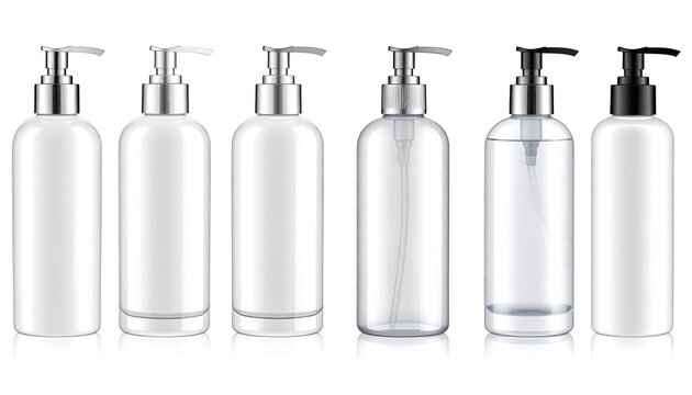 A set of seven empty clear plastic bottles with silver and black pumps