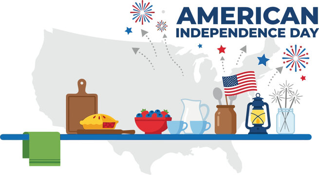 American Independence Day graphic depicts a kitchen shelf adorned with holiday treats, a small flag, and fireworks illustrations.