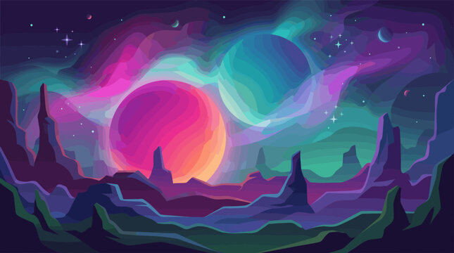 Digital illustration of a surreal alien landscape featuring glowing planets, vibrant nebula clouds, and rocky mountains. Perfect for sci-fi concepts, gaming, and space themes.