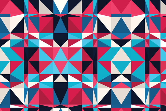 Vibrant geometric pattern of interlocking triangles in pink, blue, and black vibrant colors