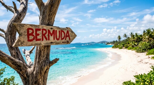 Wooden sign pointing to bermuda on a tree at a tropical beach
