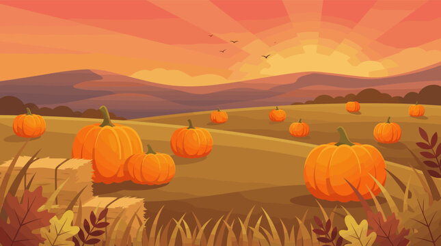A flat vector illustration of a pumpkin patch field at sunset. Warm orange autumn vibes with hay bales and rolling hills. Perfect for fall holiday seasonal marketing and design.
