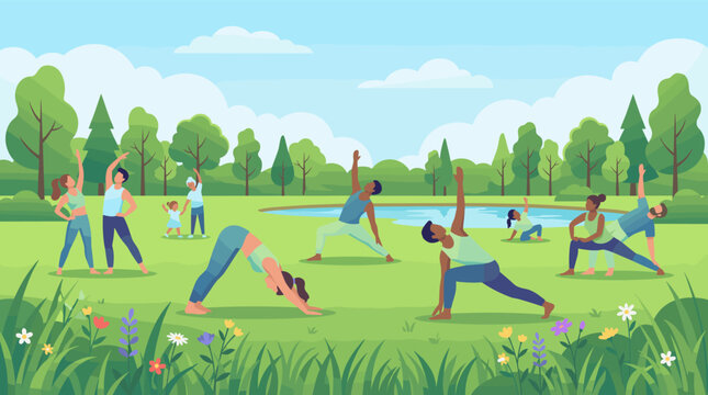 Diverse people performing yoga in a green park near a pond. Healthy lifestyle, wellness, fitness community, and nature background for inclusive meditation and group outdoor exercise.