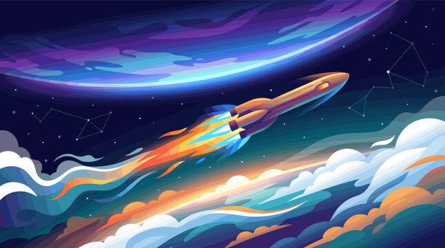 A vibrant digital illustration of a rocket ship launching into space past a colorful planet. Concept of exploration, technology, innovation, success, and cosmic adventure for creative projects.