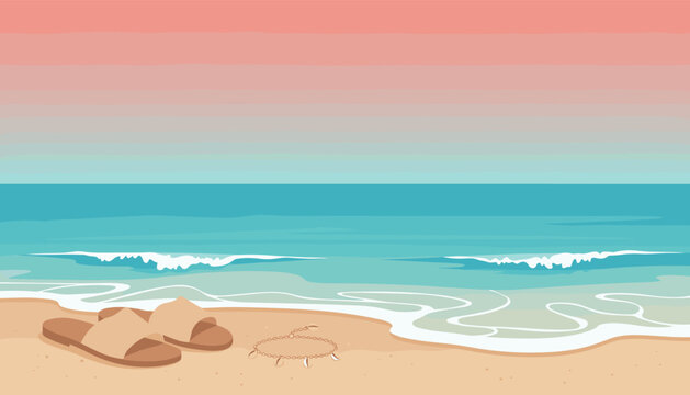 A peaceful summer beach scene featuring sandals and a shell anklet on the sand by the ocean at sunset. Vector illustration for travel, vacation, and tropical vibes.