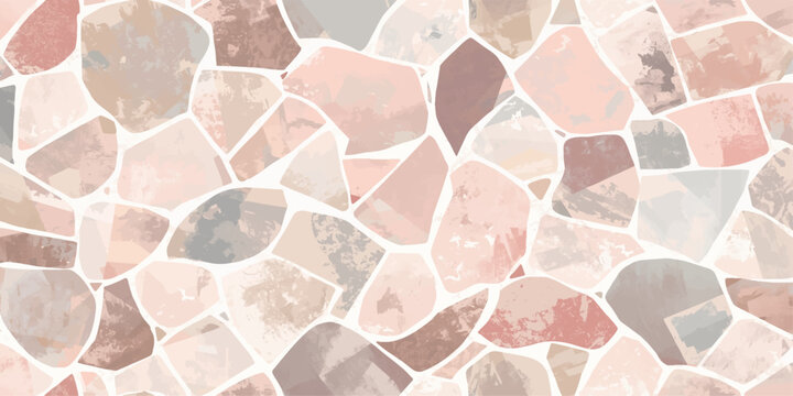 Modern pink Palladiana terrazzo seamless pattern with large stone fragments and white joint lines background