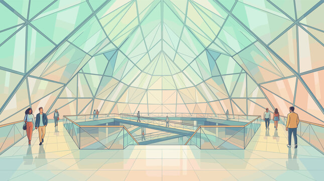 Illustration of a contemporary shopping mall interior with people walking inside a large glass dome structure, featuring clean architectural lines and soft pastel tones.