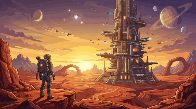 An astronaut stands on a rocky cliff viewing a sprawling futuristic city on a desert alien planet at sunset. Sci-fi digital art perfect for concept design and space exploration themes.