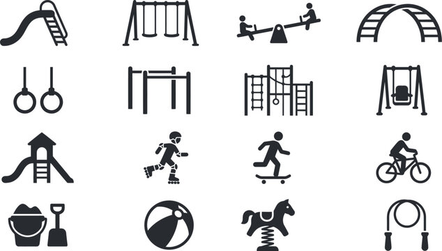 Playground equipment icons depict various recreational structures and active children games found in public outdoor parks.