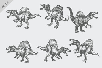 dinosaurs collection in vintage engraving style illustration. Hand-drawn dinosaurs featuring triceratops, pterodactyl, stegosaurus, and brachiosaurus vector © SAGOR