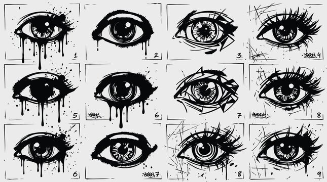 Nine dramatic black and white eye illustrations with varied styles