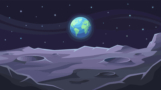 A flat illustration showing a view of Earth from the cratered lunar surface. Perfect for science fiction concepts, space exploration themes, and astronomy educational projects.