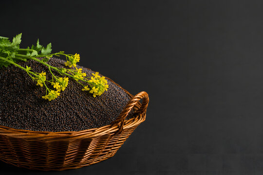 Black mustard seeds in a wicker basket with yellow flowers on dark background banner