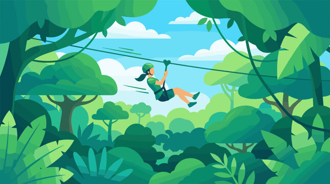 A woman on a zip line flying through a lush green jungle. Vector illustration with vibrant colors depicting an exciting outdoor summer activity and travel adventure.