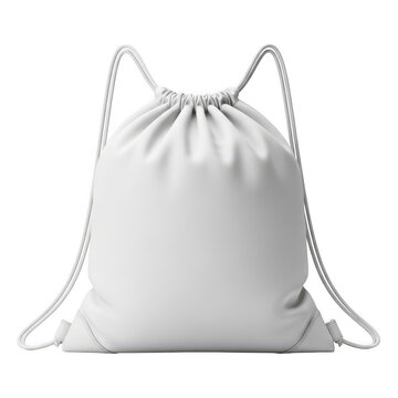 White drawstring backpack mockup, blank fabric cinch bag on white background, minimalist textile sport sack for branding and merchandise design