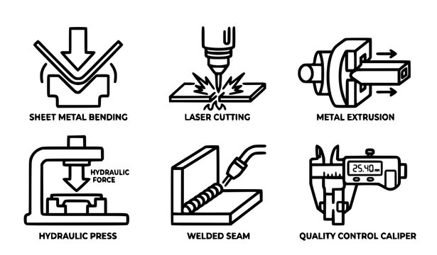 Metal fabrication processes and sheet metal bending line icon set for manufacturing company business presentations