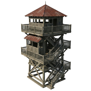 Rustic wooden watchtower with rusty metal roof, multi-level timber observation post, weathered forest fire lookout tower isolated on white