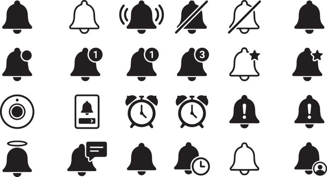 Bell Icons Collection Flat Silhouette Style On White Background
