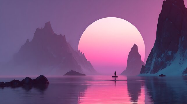 Full moon rising over mountain silhouettes with pink and purple sky